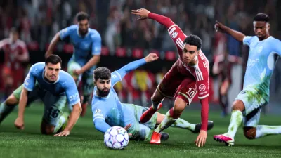 Official EA SPORTS FC 27 screenshot of Musiala dribbling off balance past a defender
